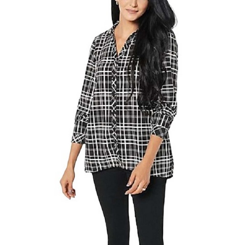 Susan Graver Weekend Petite Plaid Woven Tunic Shirt X SMALL PETITE (303)